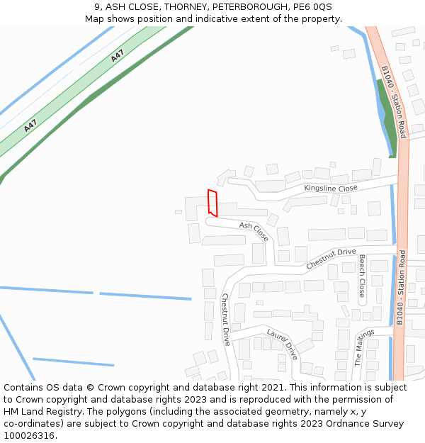 9, ASH CLOSE, THORNEY, PETERBOROUGH, PE6 0QS: Location map and indicative extent of plot