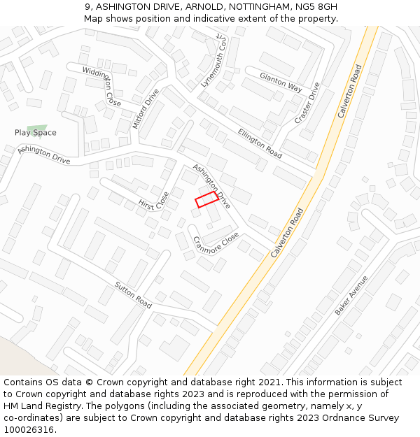 9, ASHINGTON DRIVE, ARNOLD, NOTTINGHAM, NG5 8GH: Location map and indicative extent of plot