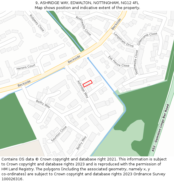 9, ASHRIDGE WAY, EDWALTON, NOTTINGHAM, NG12 4FL: Location map and indicative extent of plot