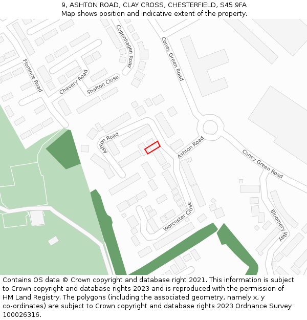 9, ASHTON ROAD, CLAY CROSS, CHESTERFIELD, S45 9FA: Location map and indicative extent of plot