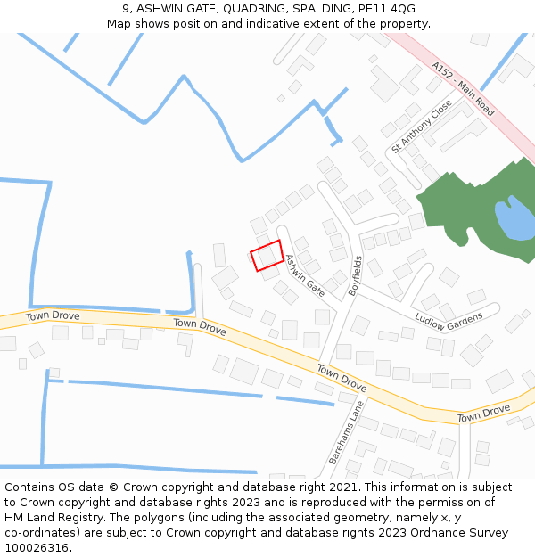 9, ASHWIN GATE, QUADRING, SPALDING, PE11 4QG: Location map and indicative extent of plot