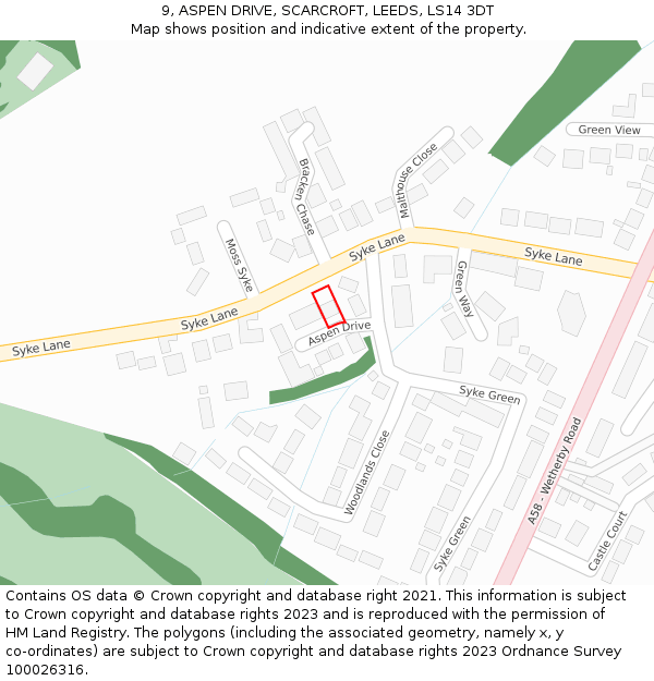 9, ASPEN DRIVE, SCARCROFT, LEEDS, LS14 3DT: Location map and indicative extent of plot