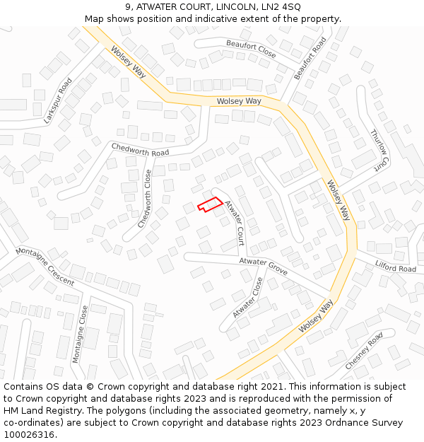 9, ATWATER COURT, LINCOLN, LN2 4SQ: Location map and indicative extent of plot