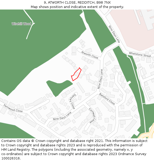 9, ATWORTH CLOSE, REDDITCH, B98 7NX: Location map and indicative extent of plot