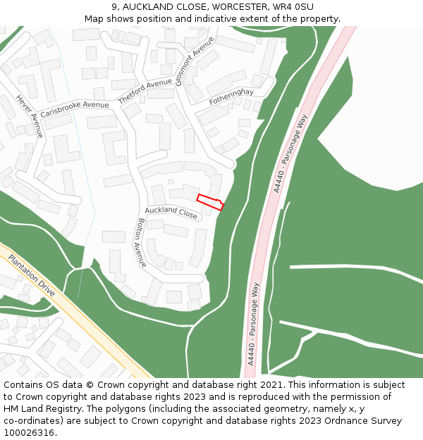 9, AUCKLAND CLOSE, WORCESTER, WR4 0SU: Location map and indicative extent of plot