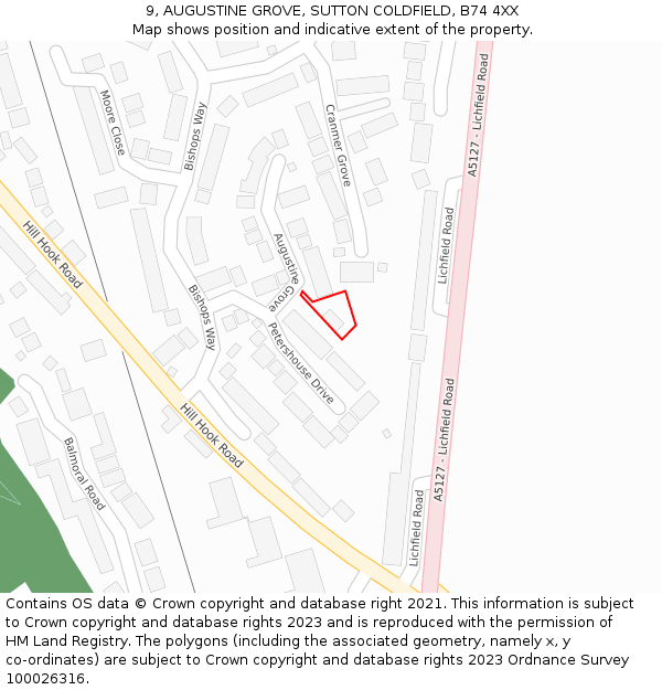 9, AUGUSTINE GROVE, SUTTON COLDFIELD, B74 4XX: Location map and indicative extent of plot