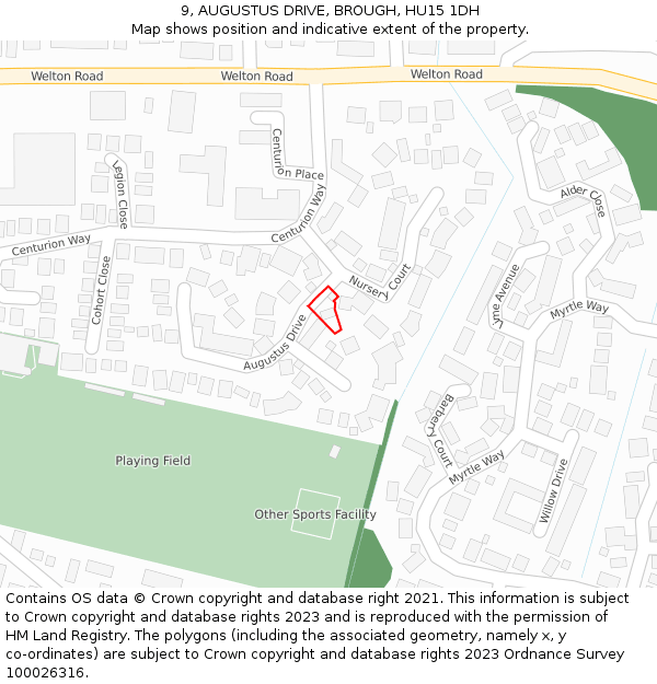 9, AUGUSTUS DRIVE, BROUGH, HU15 1DH: Location map and indicative extent of plot