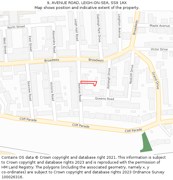 9, AVENUE ROAD, LEIGH-ON-SEA, SS9 1AX: Location map and indicative extent of plot