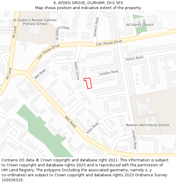 9, AYDEN GROVE, DURHAM, DH1 5FS: Location map and indicative extent of plot