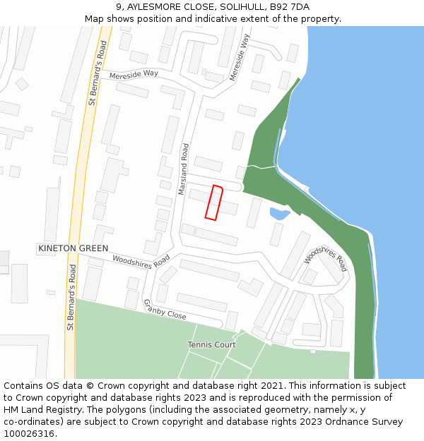 9, AYLESMORE CLOSE, SOLIHULL, B92 7DA: Location map and indicative extent of plot