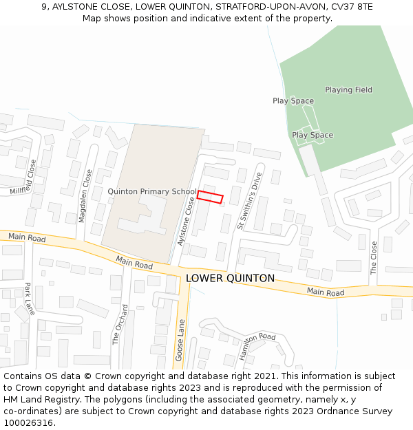 9, AYLSTONE CLOSE, LOWER QUINTON, STRATFORD-UPON-AVON, CV37 8TE: Location map and indicative extent of plot