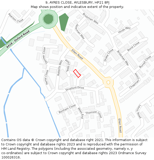 9, AYRES CLOSE, AYLESBURY, HP21 8PJ: Location map and indicative extent of plot