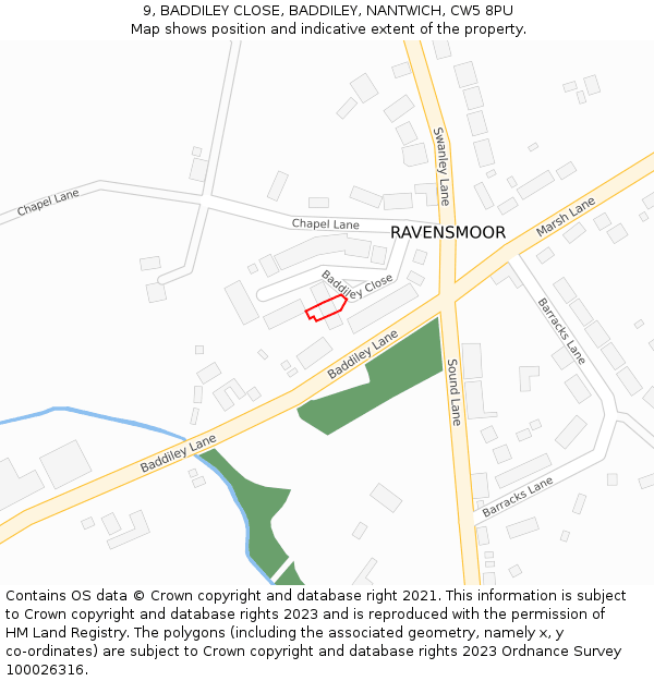9, BADDILEY CLOSE, BADDILEY, NANTWICH, CW5 8PU: Location map and indicative extent of plot