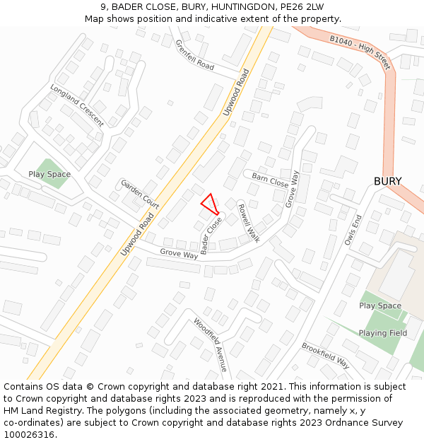 9, BADER CLOSE, BURY, HUNTINGDON, PE26 2LW: Location map and indicative extent of plot
