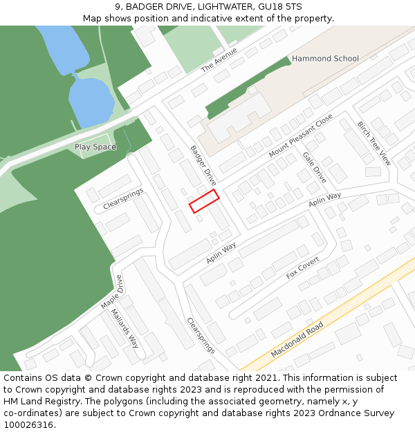 9, BADGER DRIVE, LIGHTWATER, GU18 5TS: Location map and indicative extent of plot