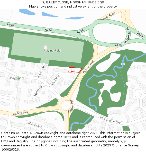 9, BAILEY CLOSE, HORSHAM, RH12 5QR: Location map and indicative extent of plot