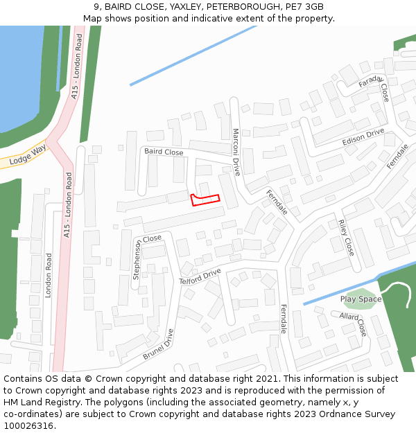 9, BAIRD CLOSE, YAXLEY, PETERBOROUGH, PE7 3GB: Location map and indicative extent of plot