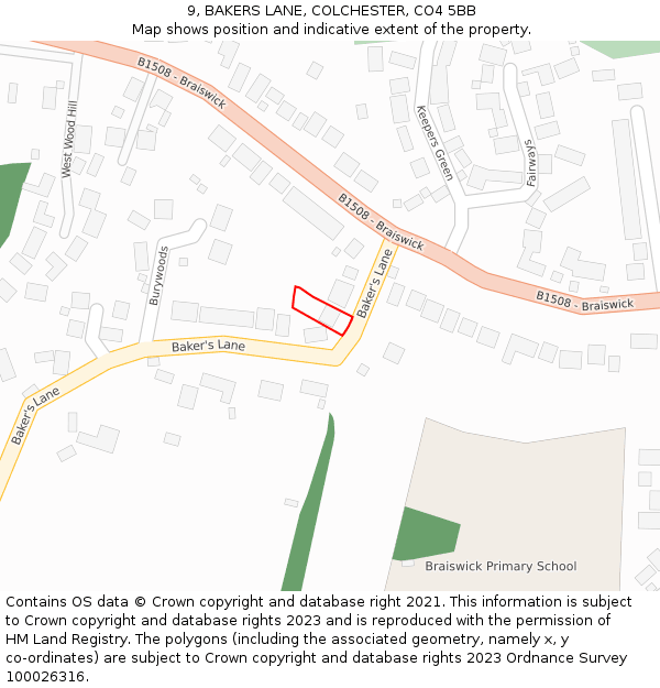 9, BAKERS LANE, COLCHESTER, CO4 5BB: Location map and indicative extent of plot