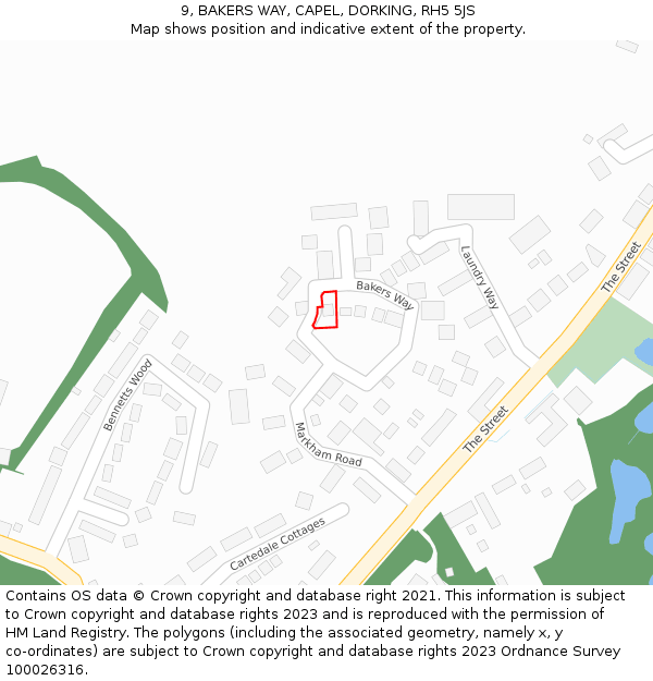 9, BAKERS WAY, CAPEL, DORKING, RH5 5JS: Location map and indicative extent of plot