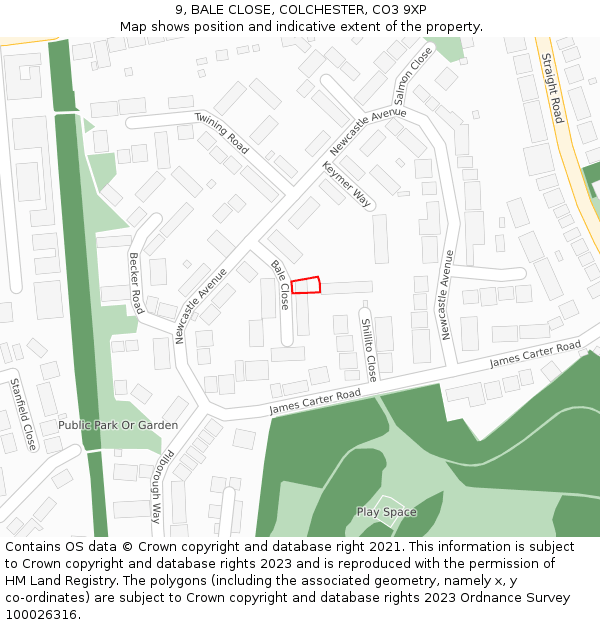 9, BALE CLOSE, COLCHESTER, CO3 9XP: Location map and indicative extent of plot