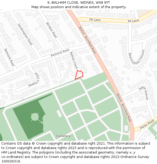 9, BALHAM CLOSE, WIDNES, WA8 9YT: Location map and indicative extent of plot