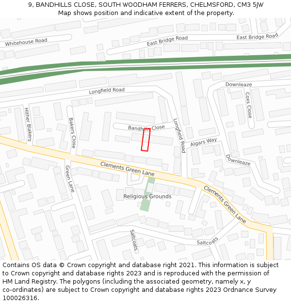 9, BANDHILLS CLOSE, SOUTH WOODHAM FERRERS, CHELMSFORD, CM3 5JW: Location map and indicative extent of plot