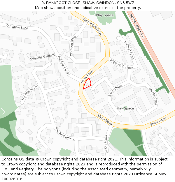 9, BANKFOOT CLOSE, SHAW, SWINDON, SN5 5WZ: Location map and indicative extent of plot