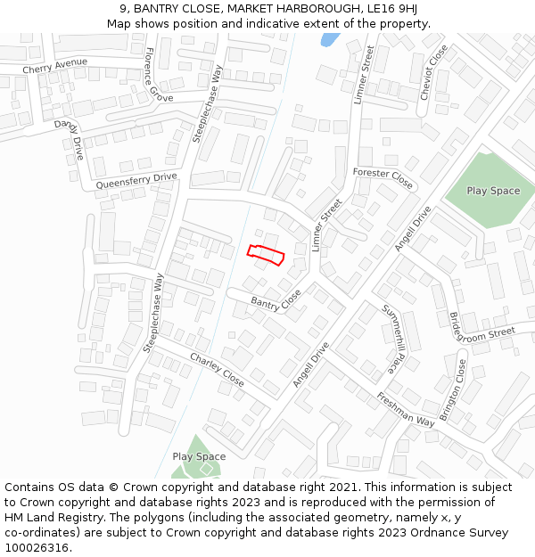 9, BANTRY CLOSE, MARKET HARBOROUGH, LE16 9HJ: Location map and indicative extent of plot