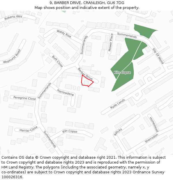 9, BARBER DRIVE, CRANLEIGH, GU6 7DG: Location map and indicative extent of plot