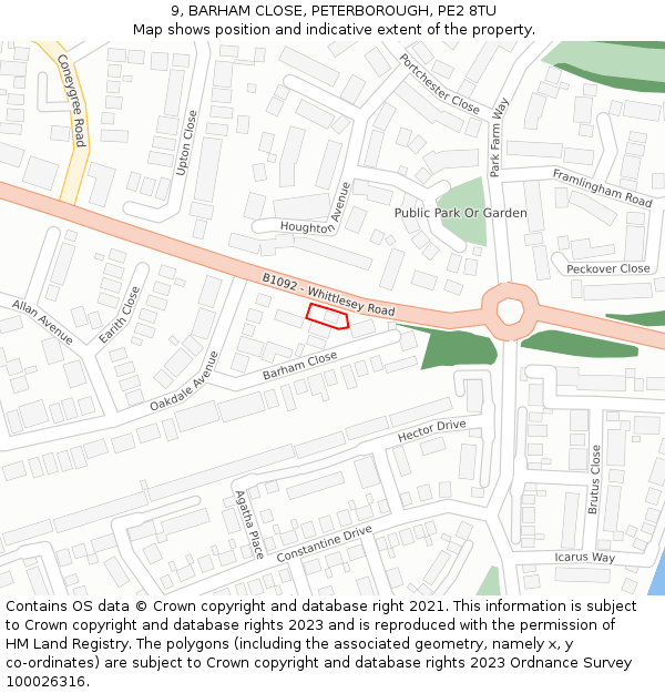 9, BARHAM CLOSE, PETERBOROUGH, PE2 8TU: Location map and indicative extent of plot