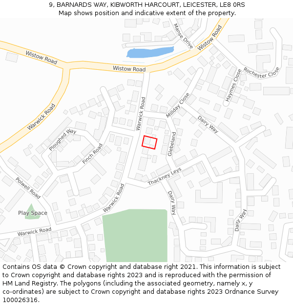 9, BARNARDS WAY, KIBWORTH HARCOURT, LEICESTER, LE8 0RS: Location map and indicative extent of plot