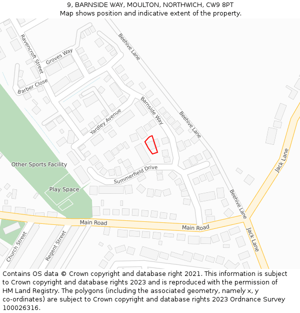 9, BARNSIDE WAY, MOULTON, NORTHWICH, CW9 8PT: Location map and indicative extent of plot
