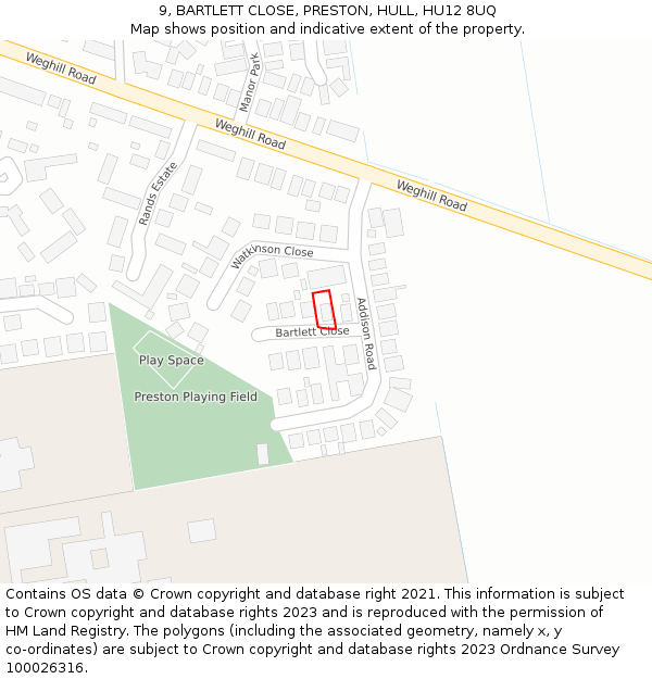 9, BARTLETT CLOSE, PRESTON, HULL, HU12 8UQ: Location map and indicative extent of plot