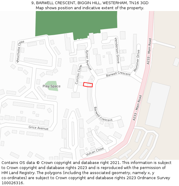 9, BARWELL CRESCENT, BIGGIN HILL, WESTERHAM, TN16 3GD: Location map and indicative extent of plot