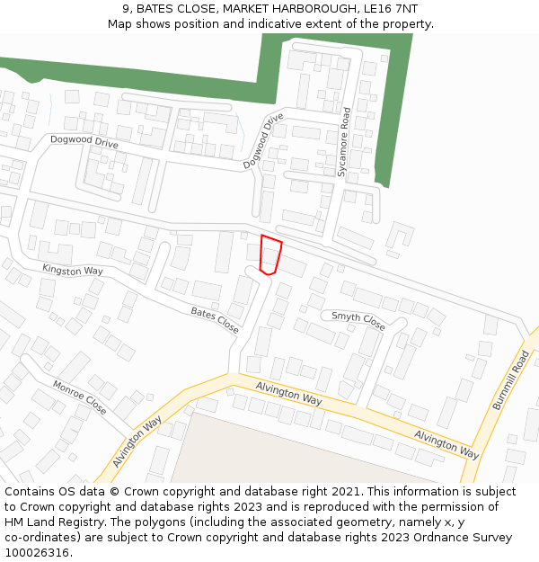 9, BATES CLOSE, MARKET HARBOROUGH, LE16 7NT: Location map and indicative extent of plot