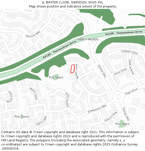 9, BAXTER CLOSE, SWINDON, SN25 4XL: Location map and indicative extent of plot