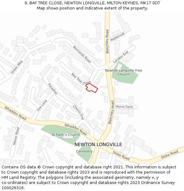 9, BAY TREE CLOSE, NEWTON LONGVILLE, MILTON KEYNES, MK17 0DT: Location map and indicative extent of plot