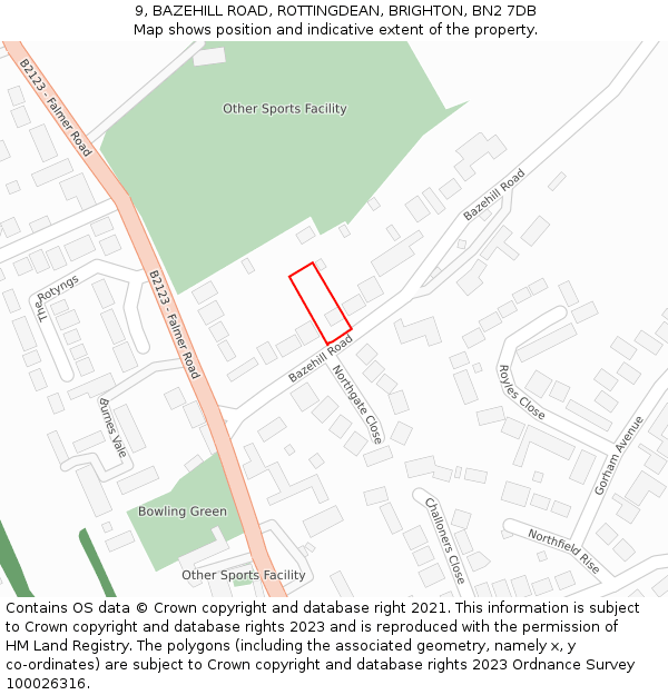 9, BAZEHILL ROAD, ROTTINGDEAN, BRIGHTON, BN2 7DB: Location map and indicative extent of plot