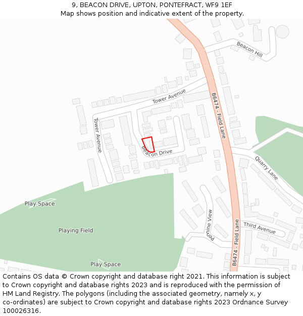 9, BEACON DRIVE, UPTON, PONTEFRACT, WF9 1EF: Location map and indicative extent of plot