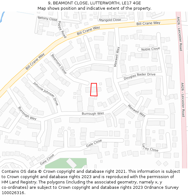9, BEAMONT CLOSE, LUTTERWORTH, LE17 4GE: Location map and indicative extent of plot