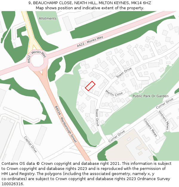 9, BEAUCHAMP CLOSE, NEATH HILL, MILTON KEYNES, MK14 6HZ: Location map and indicative extent of plot