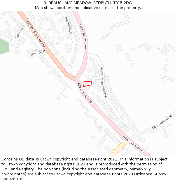 9, BEAUCHAMP MEADOW, REDRUTH, TR15 2DG: Location map and indicative extent of plot