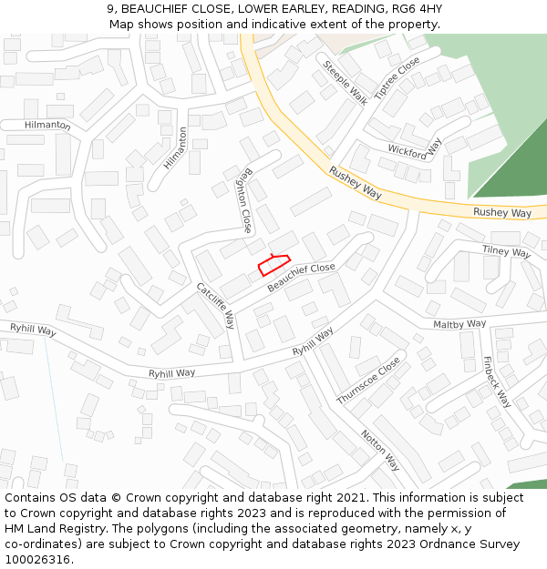 9, BEAUCHIEF CLOSE, LOWER EARLEY, READING, RG6 4HY: Location map and indicative extent of plot