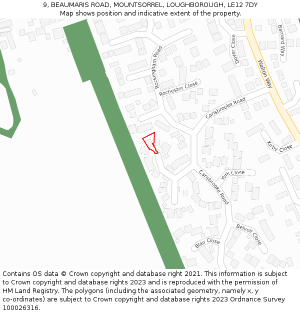 9, BEAUMARIS ROAD, MOUNTSORREL, LOUGHBOROUGH, LE12 7DY: Location map and indicative extent of plot