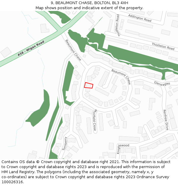 9, BEAUMONT CHASE, BOLTON, BL3 4XH: Location map and indicative extent of plot