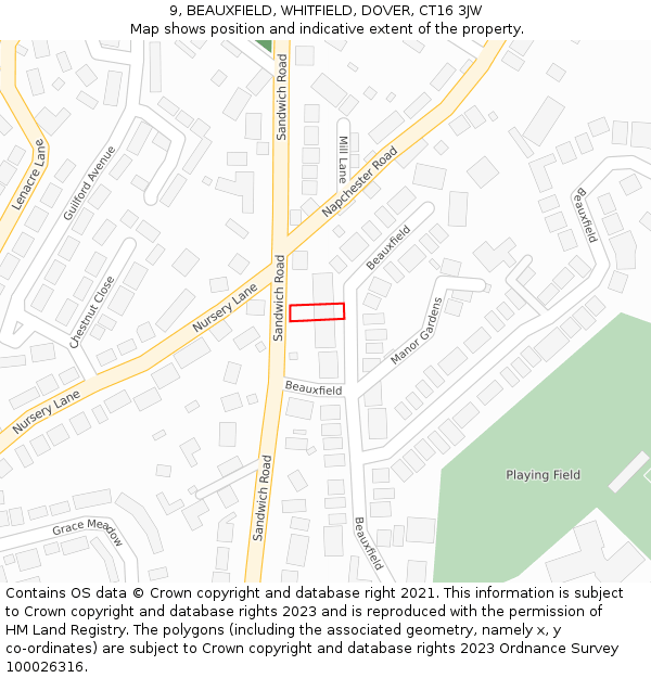 9, BEAUXFIELD, WHITFIELD, DOVER, CT16 3JW: Location map and indicative extent of plot