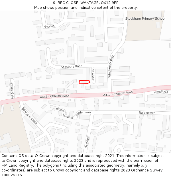 9, BEC CLOSE, WANTAGE, OX12 9EP: Location map and indicative extent of plot