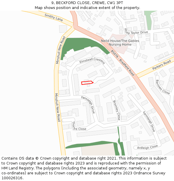 9, BECKFORD CLOSE, CREWE, CW1 3PT: Location map and indicative extent of plot