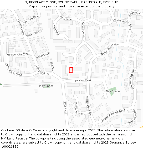 9, BECKLAKE CLOSE, ROUNDSWELL, BARNSTAPLE, EX31 3UZ: Location map and indicative extent of plot