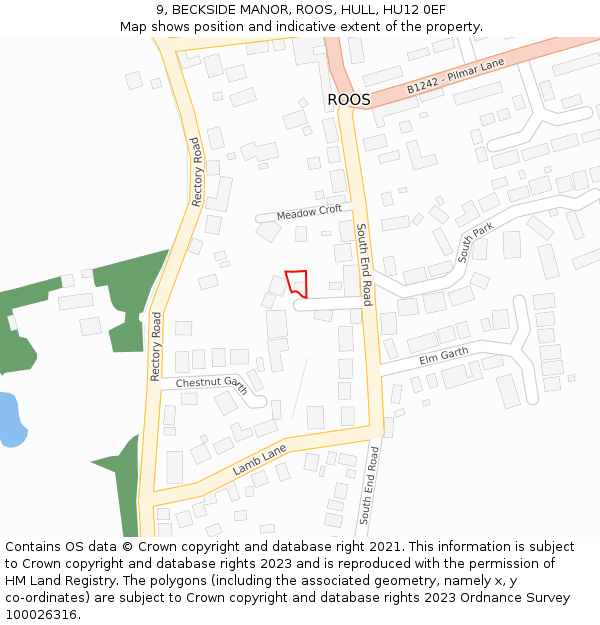 9, BECKSIDE MANOR, ROOS, HULL, HU12 0EF: Location map and indicative extent of plot